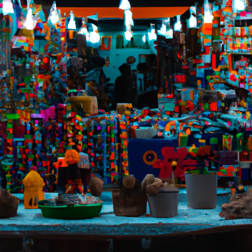 תמונה של דוכני שוק תוססים מלאים בסחורה צבעונית